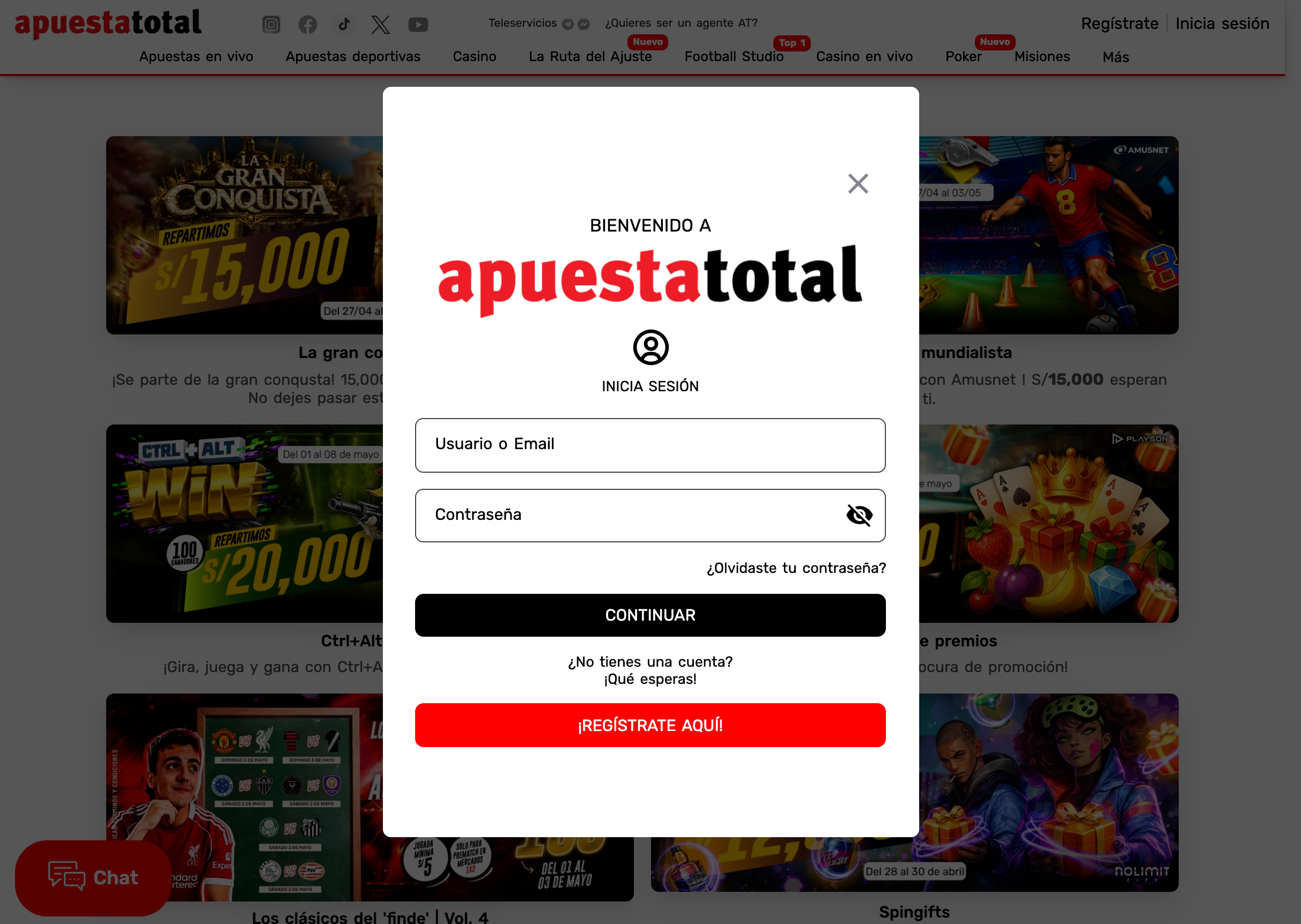 Inicio de sesión en Apuesta Total